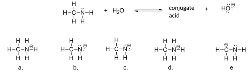 <strong>What is the structure of the conjugate acid formed when methylamine accepts a hydrogen ion (H<sup>+</sup>)from water? </strong> A) structure a B) structure b C) structure c D) structure d E) structure e