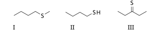 <strong>Select the molecule containing a thiol functional group. </strong> A) All of these molecules contain a thiol. B) I only C) II only D) III only E) Both I and II contain a thiol.