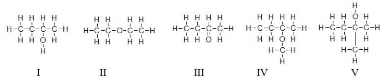 <strong>Which of the molecules contain(s)a hydroxyl group? </strong> A) All of these molecules contain a hydroxyl group. B) Only molecule I contains a hydroxyl group. C) Molecules II and IV contain a hydroxyl group. D) Molecules I and V contain a hydroxyl group. E) All molecules except molecule III contain hydroxyl groups.