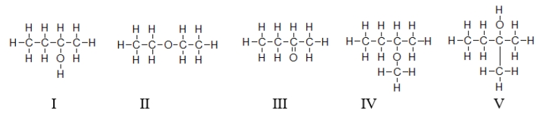 <strong>Which of the molecules contain(s)an ether functional group? </strong> A) All of these molecules are ethers. B) Only II is an ether. C) Molecules II and IV are ethers. D) Molecules I and V are ethers. E) All molecules except molecule III are ethers.