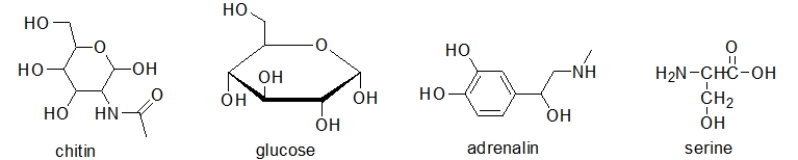<strong>Which of the following molecules contain(s)a primary alcohol? </strong> A) chitin and glucose B) glucose and adrenalin C) adrenalin and serine D) chitin, glucose, and serine E) All of these molecules contain a primary alcohol.