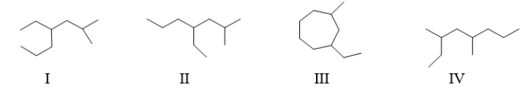 <strong>Which of the following structure(s)is represented by the following IUPAC name 4-ethyl-2-methylheptane? </strong> A) II only B) I and II C) I, II, and IV D) II and III E) All of these are 4-ethyl-2-methylheptane.