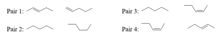 <strong>Which pair(s)of molecules below are neither isomers nor conformers? </strong> A) pair 1 B) pair 2 C) pair 3 D) pair 4 E) These are all either isomers or conformers.