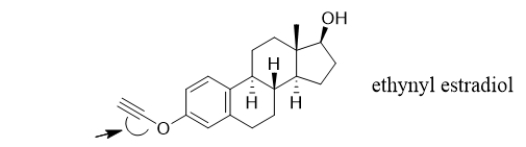 <strong>Ethynyl estradiol, a synthetic hormone, is a common component of birth control pills.What is the angle of the C-C-O bond indicated with the arrow? </strong> A) 45° B) 90° C) 109.5° D) 120° E) 180°