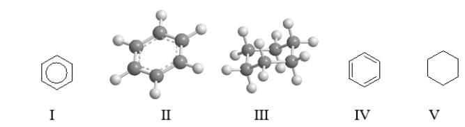 <strong>Which of the following structures represent benzene? </strong> A) II and IV B) I, II, and IV C) III and V D) all of them except V E) All of them represent benzene.