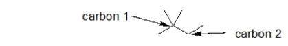 <strong>How many hydrogens are bonded to the carbons with the arrows pointing to them? </strong> A) carbon 1: 0 carbon 2: 0 B) carbon 1: 0 carbon 2: 2 C) carbon 1: 1 carbon 2: 2 D) carbon 1: 4 carbon 2: 4 E) It is not possible to tell given the skeletal line structure.