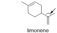 <strong>What is the C-C-C bond angle indicated by the arrow in limonene, one of the components of oil of lemon? </strong> A) 180° B) 120° C) 109.5° D) 90° E) 45°
