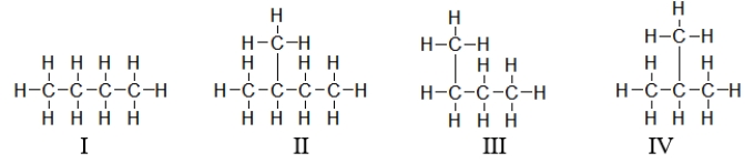 <strong>Which of these structures below have the same physical properties? </strong> A) I and II B) I and IV C) I, III, and IV D) I and III E) All of these have the same physical properties.