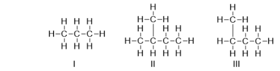 <strong>Which of the following structures is a branched-chain hydrocarbon? </strong> A) I only B) II only C) III only D) I and II E) II and III