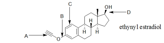<strong>Ethynyl estradiol, a synthetic hormone, is a common component of birth control pills.Which bond in ethynyl estradiol is an alkyne? </strong> A) bond A B) bond B C) bond C D) bond D E) bonds A and C