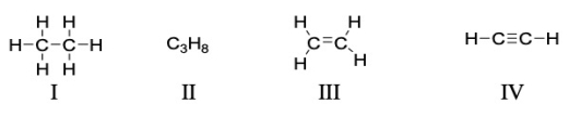 <strong>Which of the following compounds is a saturated hydrocarbon? </strong> A) I only B) I and II C) IV only D) III and IV E) All of these are saturated hydrocarbons.