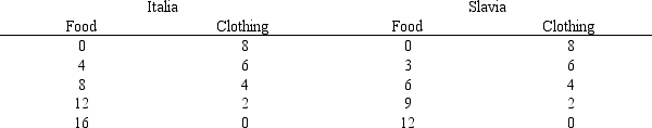 <strong>Use the table below to answer the following question. The table outlines the production possibilities of Slavia and Italia for food and clothing. Which of the following is true?</strong> A)Italia has a comparative advantage in producing both food and clothing. B)Italia is the low-opportunity cost producer of clothing. C)Slavia is the low-opportunity cost producer of food. D)Italia has a comparative advantage in producing food.