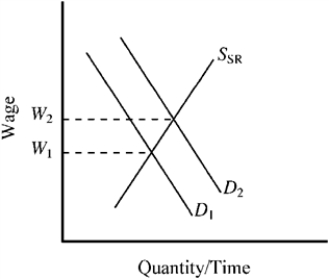 <strong>Use the figure to answer the following question(s). Figure 12-2 If an unanticipated increase in demand in Figure 12-2 shifts the demand for accountants from D<sub>1</sub> to D<sub>2</sub>, how will the higher level of demand influence the wages of accountants in the short run and the long run?</strong> A) In the short run, wages will increase to W<sub>2</sub>, but the wage increase will be smaller in the long run. B) In the short run, wages will be less than W<sub>2</sub>, but in the long run, they will rise to W<sub>2</sub>. C) In the short run, wages will increase to W<sub>2</sub>, and in the long run, they will be even higher than W<sub>2</sub>. D) Employment will increase, but the higher level of demand will not alter the wages of accountants.