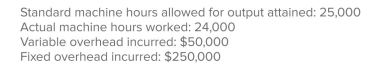 <strong>Theory Enterprises uses a standard cost system and prepared the following budget for May when 24,000 machine hours of activity were anticipated: variable overhead, $48,000; fixed overhead: $240,000.Actual data for May were: The variable-overhead spending and efficiency variances for Theory are: </strong> A)Choice A B)Choice B C)Choice C D)Choice D E)Choice E