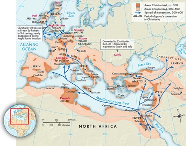 <strong>According to Map 8.3, The Spread of Christianity, ca. 300-800, how does the early migration of monasticism, prior to its spread across the Mediterranean Sea, reflect the isolationist desires of monks? </strong> A) They migrated primarily into desert regions. B) They avoided contact with the Greek mainland. C) They circumvented many of the areas known to have been settled by barbarians. D) They built many of their settlements along the northern shores of the Black Sea.