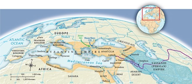 <strong>According to Map 8.1, The Byzantine and Sassanid Empires, ca. 600, which region of the Byzantine Empire experienced the most extensive contact with territory occupied by barbarians? </strong> A) The eastern half B) The western half C) The northern half D) The southern half