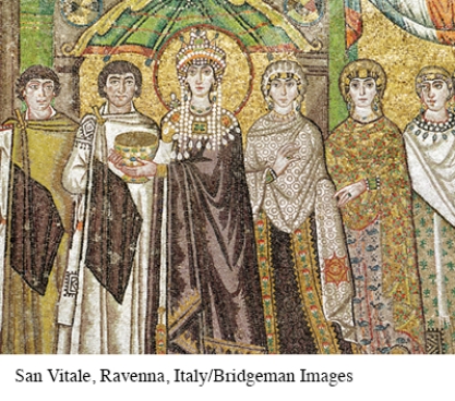 <strong>What evidence is contained in this illustration of Empress Theodora and her court to contradict historian Procopius's assertion that she was demonic, greedy, and vicious? </strong> A) Her headpiece is opulent. B) She appears to be stealing a chalice from one of the priests. C) Her head is surrounded by a halo. D) Her attendants appear to be distressed.