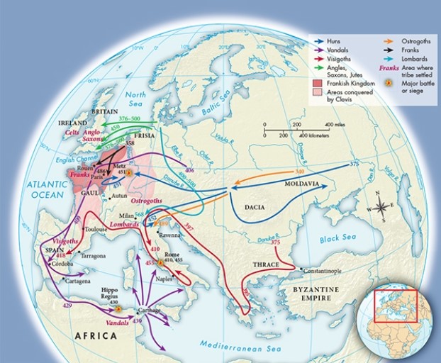 <strong>According to Map 8.2, The Barbarian Migrations, ca. 340-500, which group overran the heart of the ancient Greek empire? </strong> A) The Visigoths B) The Huns C) The Vandals D) The Ostrogoths