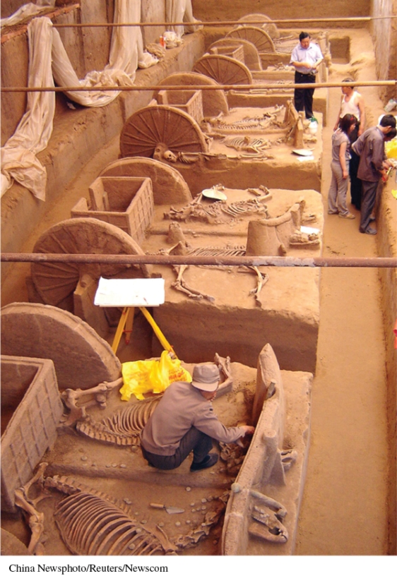 <strong>The existence of which item found in the tombs at Anyang, pictured here, is evidence of the role of sacrifice in a king's burial? </strong> A) Chariots B) Grave goods C) Pottery D) Various pieces of jade