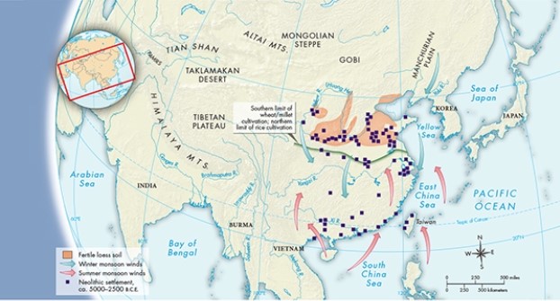 <strong>According to Map 4.1, The Geography of Historical China, what geographic feature was likely very important to many Neolithic settlements? </strong> A) Access to the sea B) Close proximity to mountains C) Access to the Korean peninsula D) Nearness to river ways