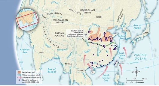 <strong>According to Maps 4.1 and 4.2, which of the following is likely true of the Zhou Dynasty? </strong> A) They found trade to be difficult. B) They inherited the traditions of Neolithic culture. C) They often came into contact with peoples from Mesopotamia. D) They housed numerous urban settlements.