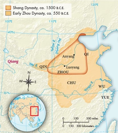 <strong>According to Maps 4.1 and 4.2, which of the following is likely true of the Zhou Dynasty? </strong> A) They found trade to be difficult. B) They inherited the traditions of Neolithic culture. C) They often came into contact with peoples from Mesopotamia. D) They housed numerous urban settlements.