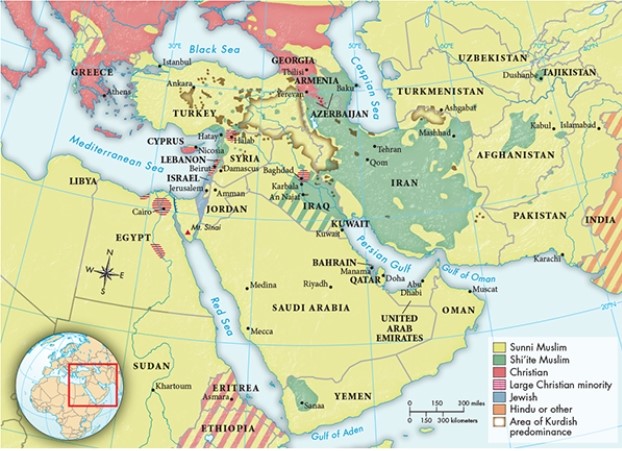 <strong>What evidence of the lingering effects of European imperialism can be seen in Map 32.1, Abrahamic Religions in the Middle East and Surrounding Regions? </strong> A) The presence of a large Christian minority in Ethiopia B) The absence of the Ottoman Empire C) The presence of several important port cities on the Persian Gulf D) The presence of a Jewish homeland in Israel