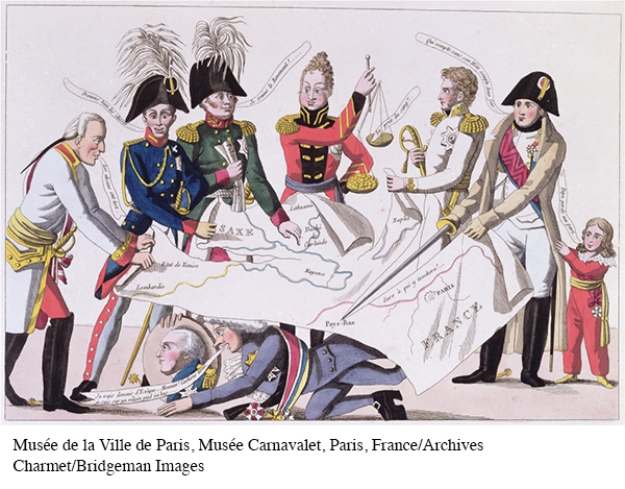 <strong>This political cartoon is of the Congress of Vienna, during which European leaders divided Europe amongst themselves. Why is Napoleon, who is seen severing France from the rest of Europe, included in this cartoon? </strong> A) Napoleon temporarily escaped his exile on the island of Elbe. B) It was believed that even while in exile Napoleon wielded influence over the Congress. C) Congress attendees cared only for satisfying their own territorial ambitions. D) The artist believed that Napoleon's reign had forever destroyed any hope of a future unified Europe.