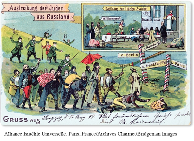 <strong>In what way is the so-called scientific racism of the late nineteenth century depicted in this postcard entitled The Expulsion of the Jews from Russia? </strong> A) The Germans, whom the Russians perceived as an inferior people, are welcoming the Jews. B) The Jews are depicted in an exaggerated caricature-style intended to portray them as an Inferior race. C) The clothing styles worn by the Jews were those typically associated with the lower classes. D) All of the cities listed on the signposts were typically perceived as safe havens for those Deemed intellectually and culturally inferior.