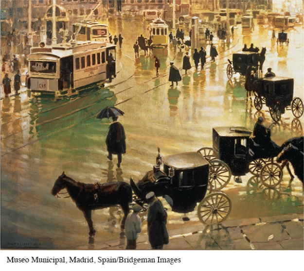 <strong>What evidence of the impact of technology on everyday life can be found in this painting of Madrid? </strong> A) Telegraph wires B) Horse-drawn carriages C) Electric streetcars D) A large public square