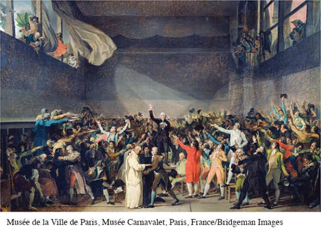 <strong>In what way does this painting symbolize unity among the delegates of the third estate? </strong> A) The faces of many delegates are hidden, suggesting their support of a treasonous cause. B) Their postures are all oriented toward the center of the room with arms upraised. C) Some of the subjects are clutching their arms to their chests. D) The large number of delegates suggests unity of purpose.