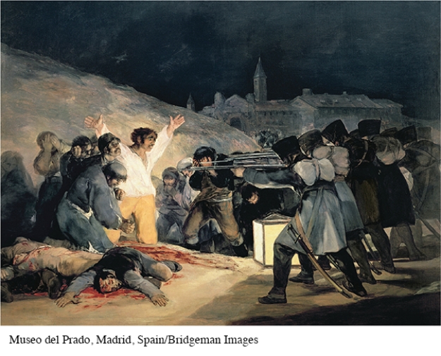 <strong>This painting shows a Spanish rebel about to be executed. His arms are upraised and he is bathed in light. What do these elements suggest the artist was trying to portray? </strong> A) Many Spanish rebels took a nonconfrontational stance toward Napoleon's forces. B) Many conquered peoples felt fear during the Napoleonic Wars. C) The victim represents a Christ-like martyr. D) The victim is being justly punished as a ruthless enemy of Napoleon's army.