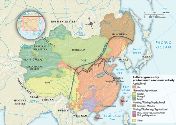 <strong>According to Map 21.1, The Qing Empire, ca. 1800, which people(s) occupied territory that was once the heart of the Ming Empire? </strong> A) Malayo-Polynesian B) Mongol C) Turkic D) Tungusic, Manchu