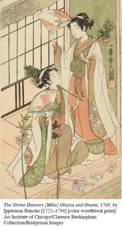 <strong>How does this illustration reflect common perceptions of clothing during the Edo period? </strong> A) Females were expected to always adorn themselves with fans. B) Patterns and colors were of special interest during the Edo period. C) People preferred only modest variations of color in their clothing. D) Perceptions of clothing during the Edo period differed very little from past eras.