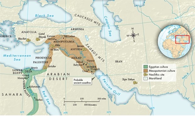 <strong>According to Map 2.1, Spread of Cultures in Southwest Asia and the Nile Valley, ca. 3000-1640 B.C.E., which major geographic feature did Egypt and Mesopotamia have in common?  </strong> A) Major rivers that facilitated trade and communication B) The Mediterranean Sea C) Marshlands that often restricted human travel D) Neolithic sites <div style=padding-top: 35px> 