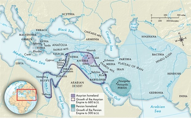 <strong>According to Map 2.3, The Assyrian and Persian Empires, ca. 1000-500 B.C.E., at its height which of the following regions fell within the boundaries of the Persian Empire?  </strong> A) Greece B) Macedonia C) The Arabian Peninsula D) Mesopotamia <div style=padding-top: 35px> 