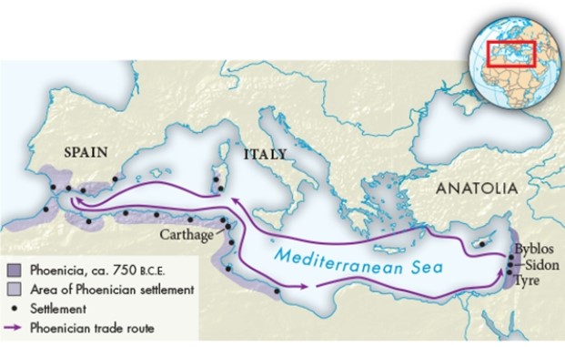 <strong>Based upon the trade and settlement patterns of the Phoenicians in the map Phoenician Settlements in the Mediterranean, which of the following is true?  </strong> A) Their voyages brought them into contact with the Babylonians. B) They were master shipbuilders. C) The Tigris and Euphrates Rivers were vital to their trade routes. D) They likely never encountered Egyptians. <div style=padding-top: 35px> 