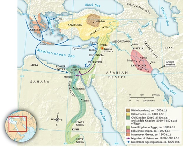 <strong>According to Map 2.2, Empires and Migrations in the Eastern Mediterranean, which of the following would have made Egypt a difficult region to invade, as some historians have suggested?  </strong> A) The deserts surrounded the narrow swath of land occupied by the kingdom. B) The Nile River cut straight through the heart of the kingdom. C) The Red Sea could make passage through much of the Arabian Desert especially difficult. D) The waters of the Mediterranean Sea where it meets the Nile Delta were rough. <div style=padding-top: 35px> 