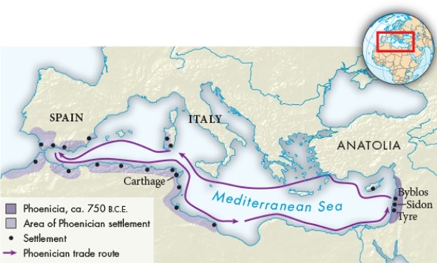 <strong>Based upon the map Phoenician Settlements in the Mediterranean, the settlements at Tyre, Sidon, and Byblos were all situated in territory that was once part of which of the following?  </strong> A) Ancient Egypt B) Ancient Mesopotamia C) Greece D) Babylonia <div style=padding-top: 35px> 