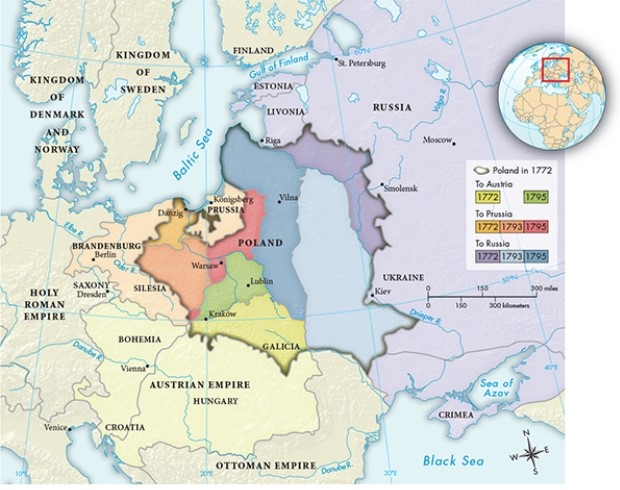<strong>Based on the evidence in this mMap 19.1, The Partition of Poland, 1772-1795, what was one of the consequences of Poland's partition?  </strong> A) Poland ceased to exist as an independent nation. B) Russia gained access to the Black Sea. C) Russia ceded the Pale of Settlement to Austria. D) Austria gained long-desired access to the Baltic Sea via Danzig. <div style=padding-top: 35px> 