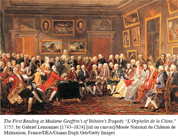 <strong>Based on this illustration of an Enlightenment-era salon, in what way did Madame Geoffrin flout the gender norms of her day, such as those advocated by Jean-Jacques Rousseau?  </strong> A) She appears as a rather passive participant in an age when most people believed women should actively engage in intellectual pursuits. B) She is facilitating the salon, which Rousseau and others believed was an unnatural role for women. C) Her expression and posture suggest that her views diverged widely from those of her male counterparts. D) Her manner of dress suggests that she continued to adhere to the outdated notion that a woman's primary role was to attract male sexual desire. <div style=padding-top: 35px> 
