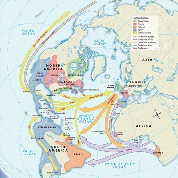 <strong>The flow of products between which regions, as illustrated in Map 19.2, The Atlantic Economy, was part of the so-called triangle trade between which countries?  </strong> A) South America, North America, and the Philippines B) Europe, Africa, South America, and Asia C) Europe, Africa, the Americas D) Africa, South America, the Philippines, and Asia <div style=padding-top: 35px> 