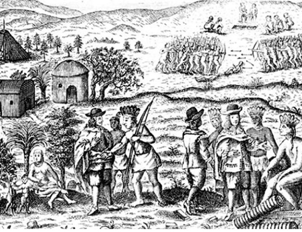 <strong>How does this illustration reflect the impact of the fur trade on the lives of Native Americans? </strong> A) It created tensions between rival groups as evidenced by the armed confrontation in the background. B) The lack of agricultural land suggests a reduction in the emphasis on agriculture. C) It exacerbated tensions between European colonists and Native Americans. D) The fur trade had little impact on Native Americans.