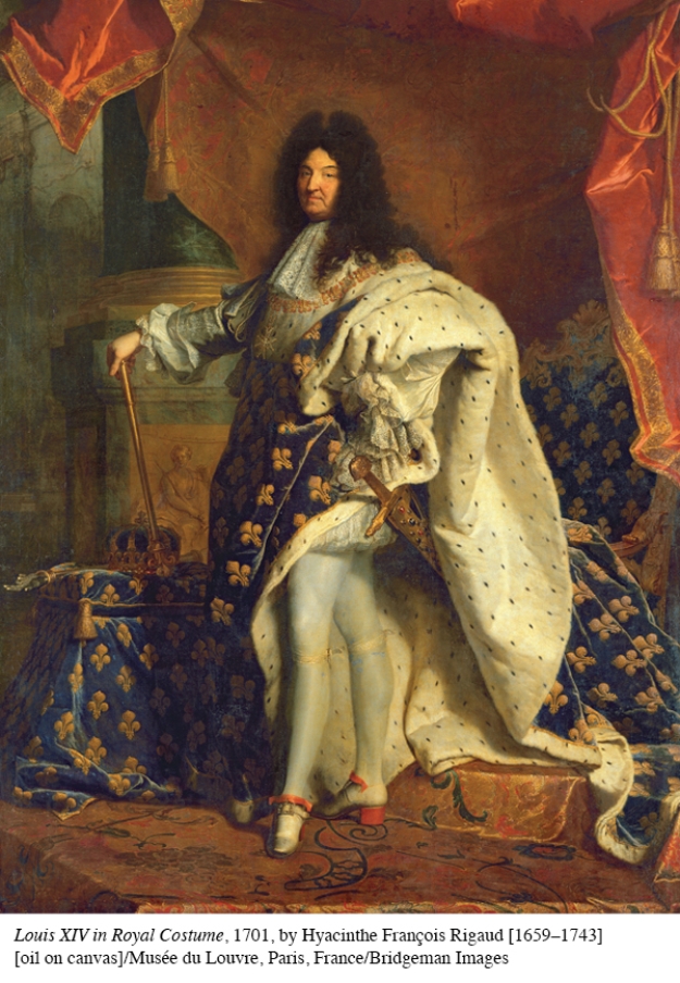 <strong>The incredible detail of this portrait, including the magnificent clothing, royal scepter, and sword, is intended to reflect which of the following? </strong> A) The splendor of the Spanish court B) The absolutist power wielded by King Louis XIV C) The power of the French monarchy heading into the Thirty Years' War D) The feelings of Louis XIV against the notion of divine right