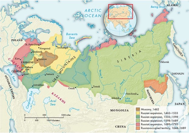 <strong>How are the territorial ambitions of Peter the Great reflected in Map 18.5, The Expansion of Russia, 1462-1689? </strong> A) He greatly desired access to the Baltic and Black Seas. B) He viewed control of Siberia as crucial to Russia's future expansion. C) He highly valued access to inland waterways. D) He valued eastward expansion more than westward expansion.