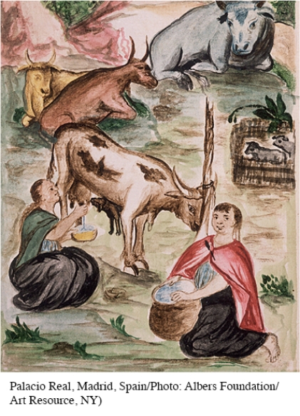 <strong>What evidence is there in this illustration of European influence on the Inca? </strong> A) The Europeans introduced cattle to the New World. B) The women in this painting are wearing European-style clothing. C) The painting itself is representative of Renaissance-era art. D) The women are wearing European-inspired hairstyles.