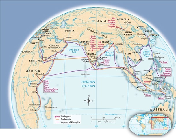 <strong>According to Map 16.1, The Fifteenth-Century Afroeurasian Trading World, what evidence exists to suggest that Zheng He intended to impose Ming dominance over trade? </strong> A) His route covered an enormous distance. B) His route mimicked those of predominant Indian Ocean trade routes. C) His route showed he sought to trade in a wide variety of goods. D) His route showed he was careful to avoid contact with such maritime powers as the Portuguese.
