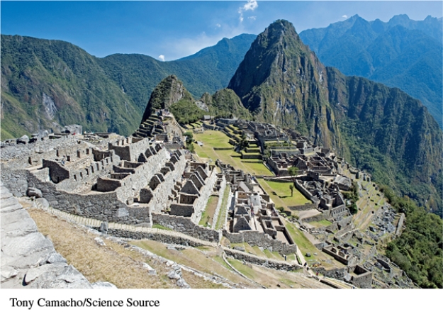 <strong>In what way are the ruins of Machu Picchu, pictured here, reminiscent of the ruins discovered at Mohejo-daro? </strong> A) They were both built in a mountainous region. B) The buildings in both appear to be unvaried in design and purpose. C) Both are multitiered designs. D) Their symmetrical designs suggest that both were well-planned urban developments.