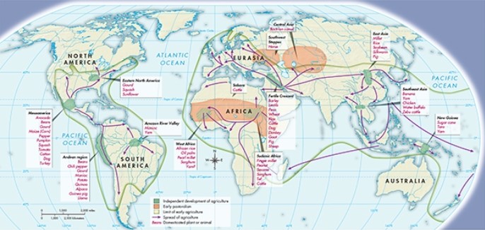 <strong>Based on Map 1.2, The Spread of Agriculture and Pastoralism, which of the following regions demonstrated the greatest pastoral diversity? </strong> A) Andean Region B) Sahara C) Fertile Crescent D) East Asia