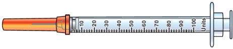 The nurse has received an order to mix regular insulin 9 units with NPH insulin 15 units. Mark the syringe pictured with the final amount of insulin that the nurse will correctly administer.